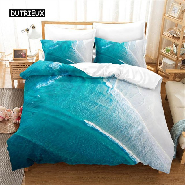 Binchi Outdoor Product Bettwäsche-Set mit Meeresmotiv in Blau, bestehend aus Bettbezug und Kissenbezug, Design Ozean und Hawaii-Wellen, B/H: 200 x 230 cm - Bild 1