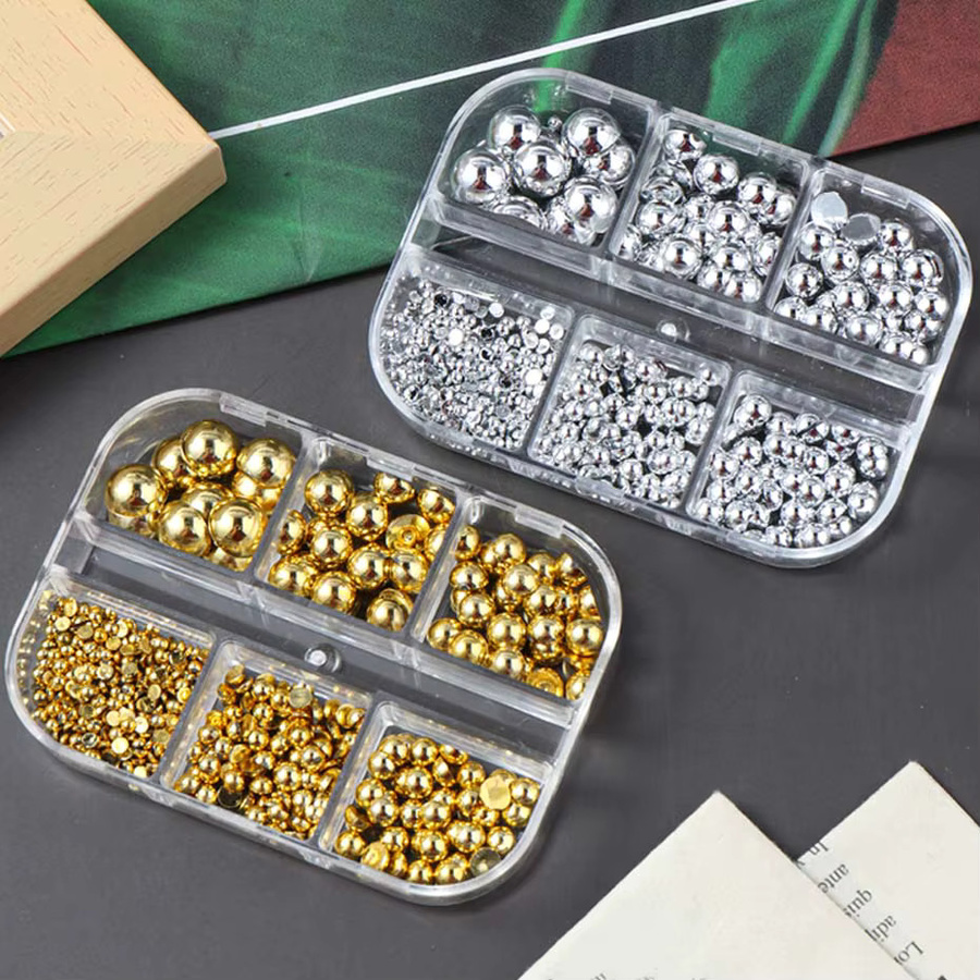 Nagelkunst-Charms, goldene silbrige Halbkreisperlen, 6 Gitter, gemischte Größe - Bild 2