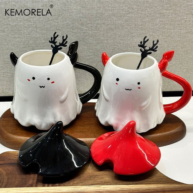 KEMORELA Keramik-Kaffeetasse mit Halloween-Motiv, Deckel und Löffel, 470 ml, Schwarz-Weiß - Bild 1
