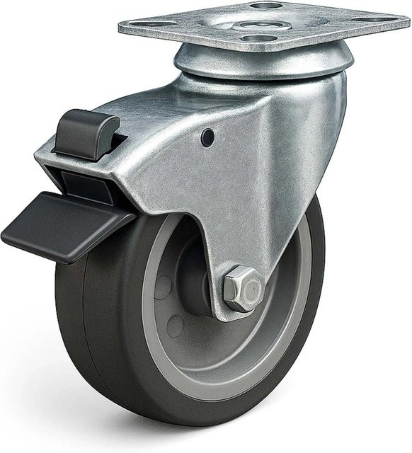 Wiltec Lenkrolle mit Bremse als Transportrolle und Laufrolle, Durchmesser: 100 mm, Tragkraft: 80 kg, Farbe: Schwarz/Silber - Bild 1