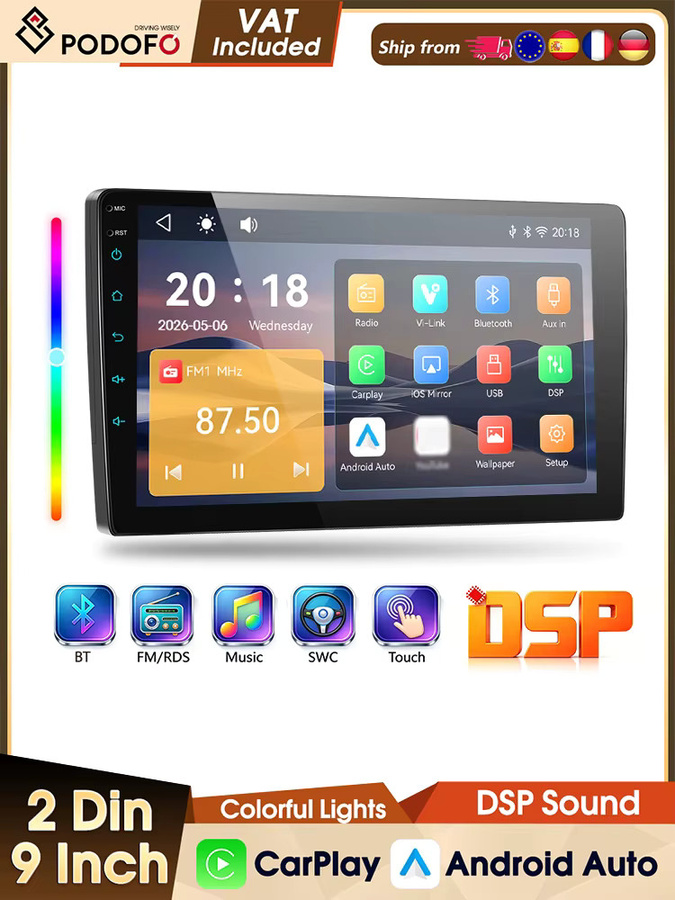 Podofo 2Din Kabelloses CarPlay Autoradio mit 9 Zoll IPS-Bildschirm, MP5 Multimedia-Player, Bluetooth, Android Auto und FM RDS in Schwarz - Bild 5