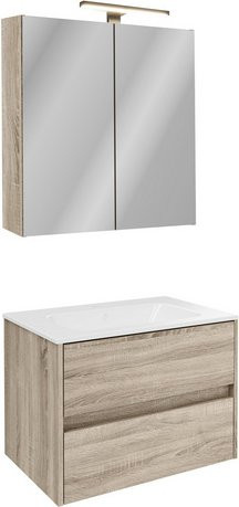 FACKELMANN Badmöbel-Set Compact Line in Sonoma Eiche, bestehend aus Spiegelschrank mit LED-Beleuchtung und Waschtisch mit 2 Schubladen, Braun - Bild 1