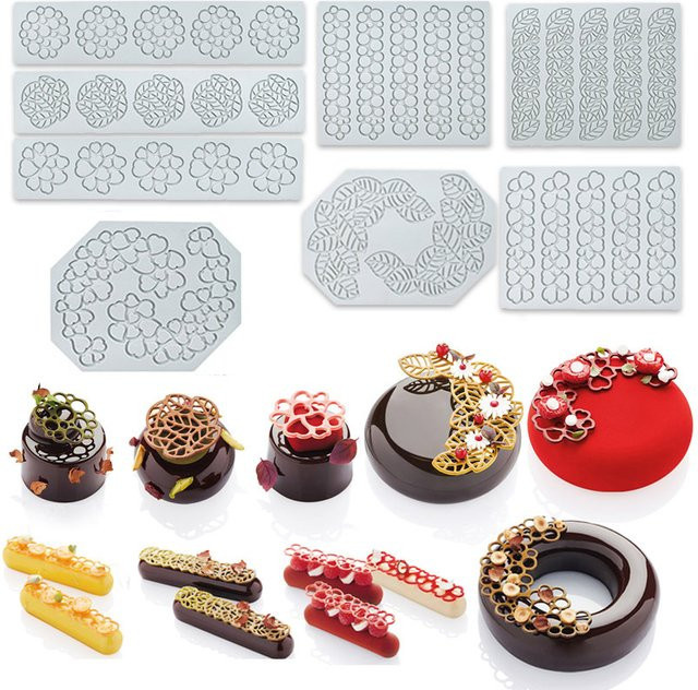 Silikon Backform für kreative Kuchenmotive in Weiß mit Herz-, Blatt- und Molekular-Designs - Bild 1