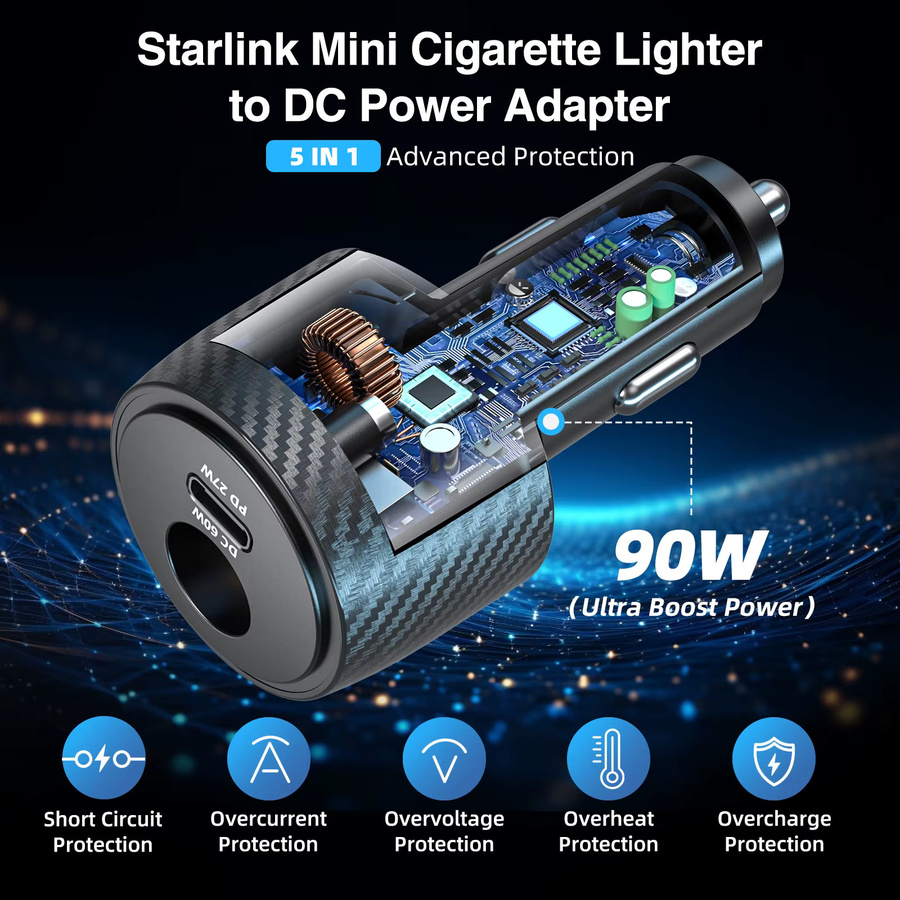 FONKEN 2-in-1 Starlink Mini Auto-Adapter Schnellladegerät Schwarz, 12V zu 24V DC Aufwärtswandler mit 60W DC und 27W PD über Zigarettenanzünder - Bild 5