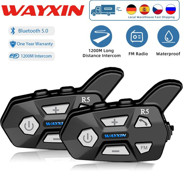 WAYXIN R5 Motorrad-Gegensprechanlage mit Bluetooth 5.0, FM-Radio und wasserdichtem Helm-Headset in Schwarz für 2 Fahrer - Bild 1
