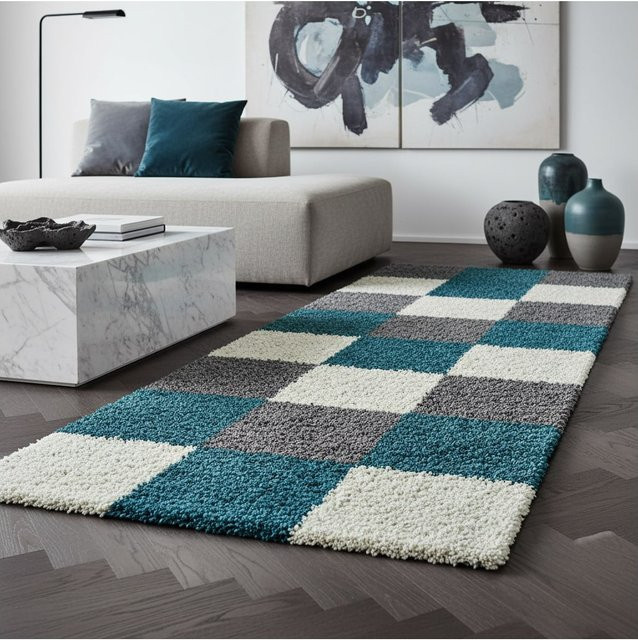 Hochflorteppich RHEIN von Kadima Design, kariert, Türkis, B: 80 cm, T: 250 cm - Bild 1