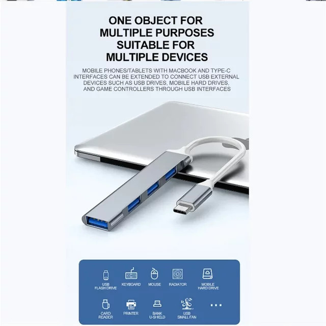 OLOEY USB-C auf USB 3.0 Hub mit 4 Ports, High Speed OTG Typ C Splitter Adapter für PC, Notebook und Computer, Silber/Grau - Bild 1