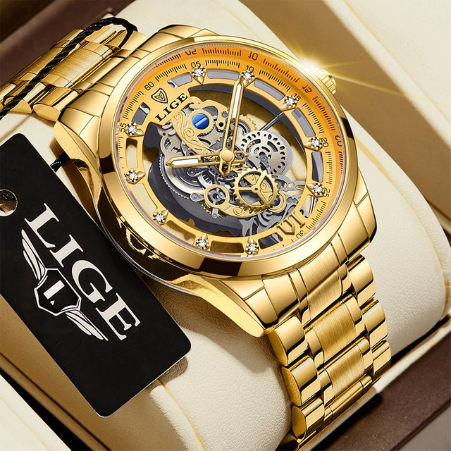 LIGE Armbanduhr Skeleton, Quarz, Gold, Leder, Herren - Bild 1