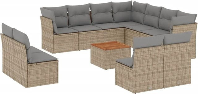 vidaXL 12-teilige Garten-Sofagarnitur in L-Form aus Polyrattan und Akazienholz mit Kissen in Beige-Grau - Bild 1