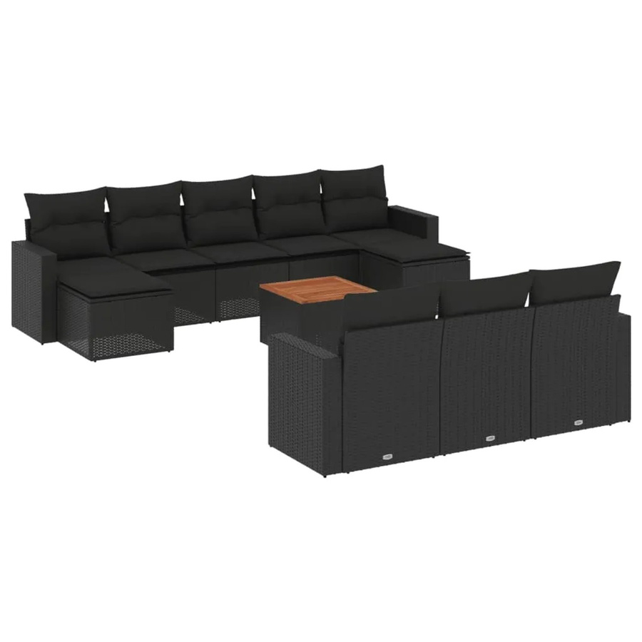 vidaXL 11-teilige Garten-Sofagarnitur in U-Form aus Polyrattan und Akazienholz mit Kissen in Schwarz - Bild 2