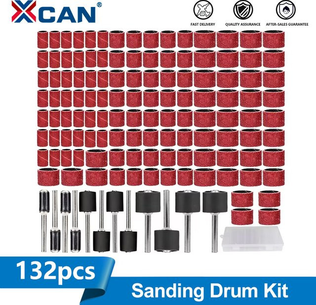 XCAN Schleiftrommel-Set mit 132 Stück und Körnung 80, inklusive Schleifbänder und Dorne in 1/4, 3/8 und 1/2, passend für Dremel-Zubehör und Drehwerkzeuge, Farbe: Rot - Bild 1