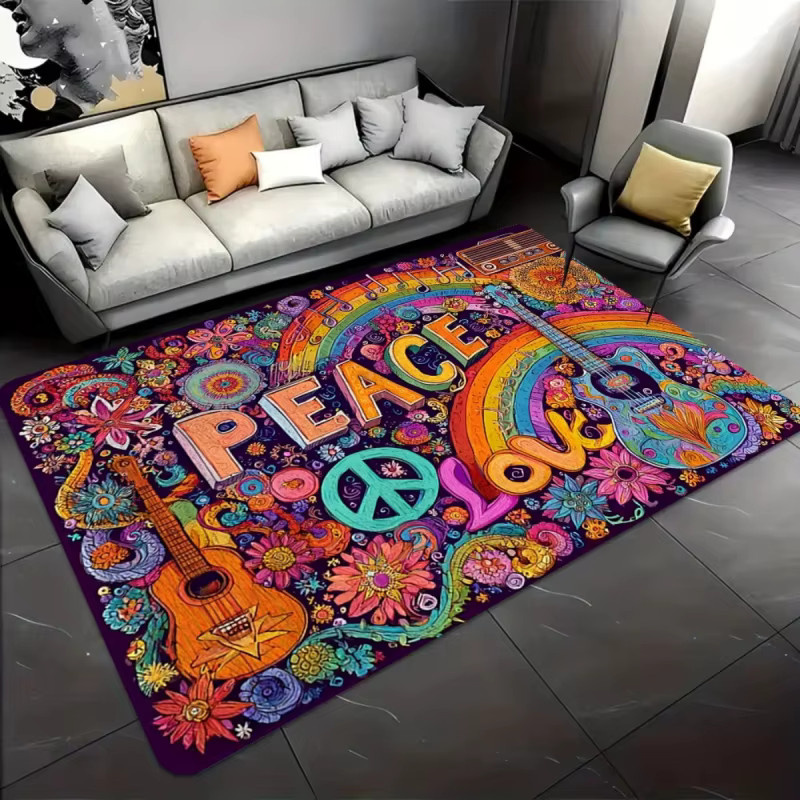VIKAMA Hippie Peace & Love Teppich, bunter Boho-Teppich mit Regenbogen- und Gitarren-Print, rutschfest und waschbar, Multicolour - Bild 4