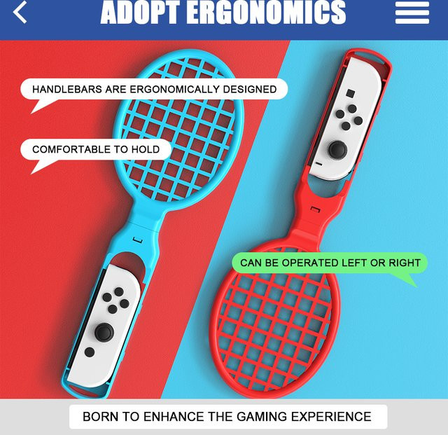 bibuks Tennisschläger Controller-Griffe für Nintendo Switch und Switch OLED in Blau und Rot - Bild 1