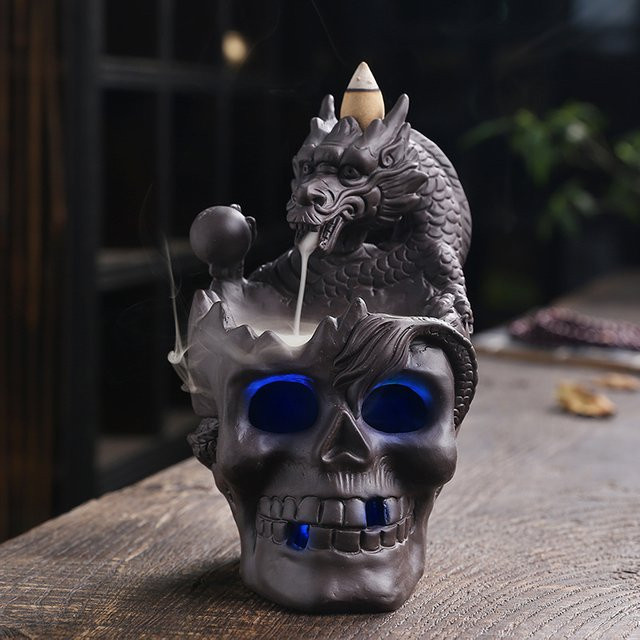 MINIDEAL LED Wasserfall Drachen Rückfluss Weihrauchbrenner mit Schädel Design in Schwarz für Aromatherapie und Halloween-Dekoration - Bild 1