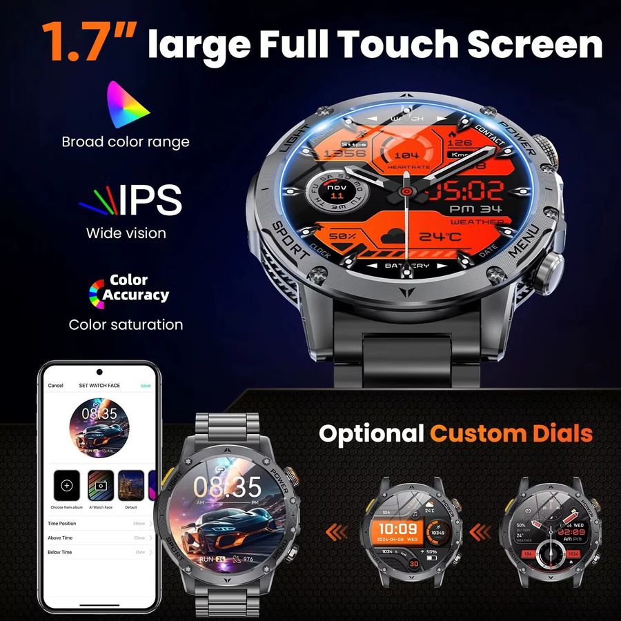 GUHUAVMI Militär-Smartwatch in Schwarz mit 1,7 Zoll Ultra-HD-Bildschirm, Bluetooth-Anruffunktion, IP68K Wasserdichtigkeit und Herzfrequenzmessung für Android - Bild 3