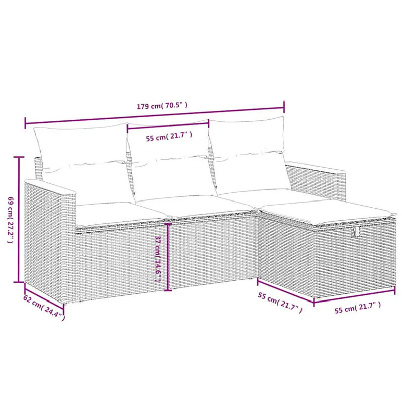vidaXL 4-tlg Garten-Sofagarnitur mit Kissen aus PE-Rattan und pulverbeschichtetem Stahl in Schwarz - Bild 3