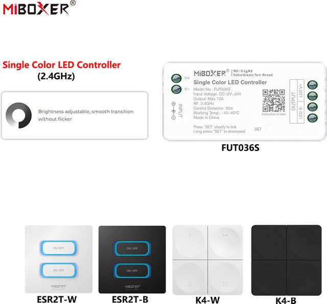 MiBoxer FUT036S+ESR2T/K4 Drahtloser LED-Controller für einfarbige COB- und LED-Streifenbeleuchtung, 2,4GHz RF, 12A pro Kanal, DC12-24V - Bild 1