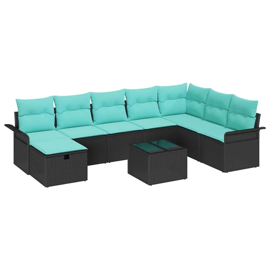 vidaXL Gartensofa-Set aus Poly-Rattan mit 9 Kissen in Schwarz und Türkis inklusive Gartentisch und Stauraum-Funktion - Bild 2