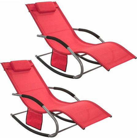 SoBuy Sonnenliege 2er Set aus Metall und Kunstfasergewebe in Rot mit verstellbarer Kopfstütze und Tasche OGS28-Rx2