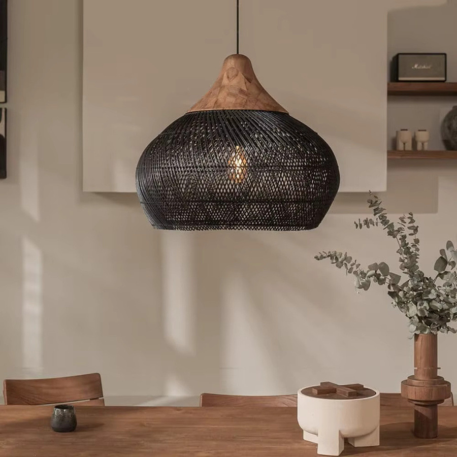 JOYINLED Vintage Rattan Pendelleuchte in Schwarz, handgefertigter Korb-Lampenschirm im Boho-Stil für Wohnzimmer und Esszimmer, Durchmesser: 40 cm oder 60 cm - Bild 2