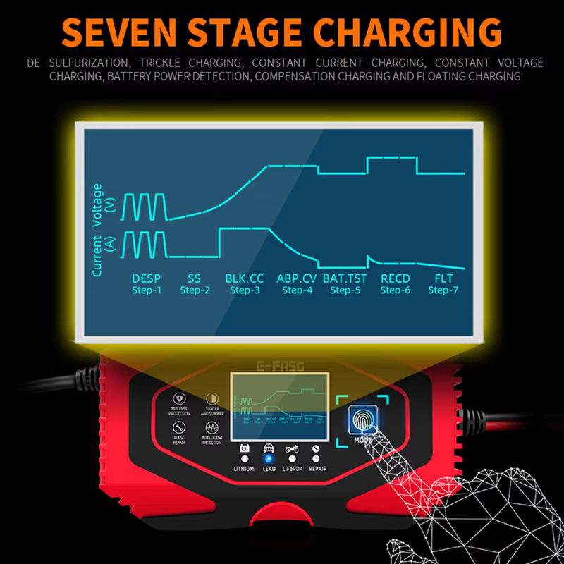 7-stufiges Motorrad- und Autobatterie-Ladegerät mit Puls-Reparatur-Funktion für Gel, AGM, Lithium LiFePo4 und Nass-Blei-Säure-Batterien, 12 V 6 A und 24 V 3 A, Rot - Bild 3