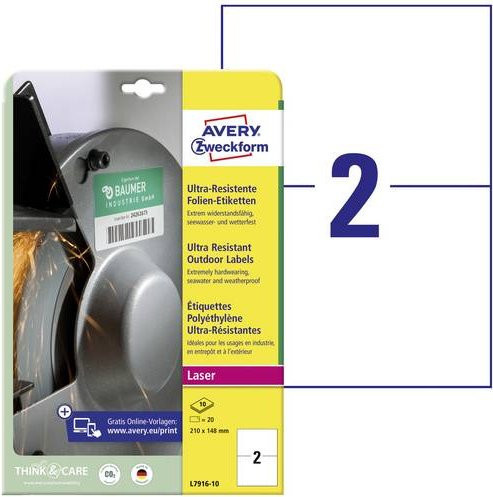 Avery Zweckform Folien-Etiketten L7916-10, Weiß, Polyethylen, für Laserdrucker, 20 Stück, Breite: 21,0 cm, Höhe: 14,8 cm - Bild 1