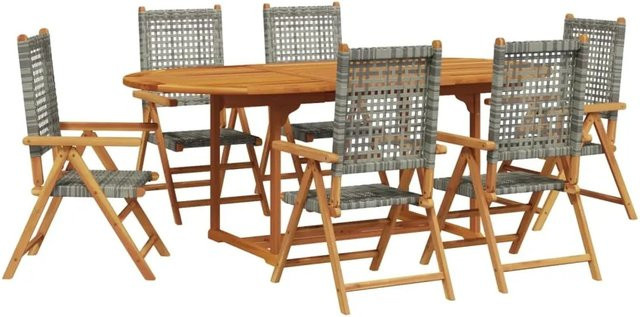 vidaXL 7-tlg Garten-Essgruppe aus Poly Rattan und Akazien-Massivholz in Grau, ausziehbar, B/T/H: 200 x 100 x 75 cm (ausziehbar auf 270 cm) - Bild 1