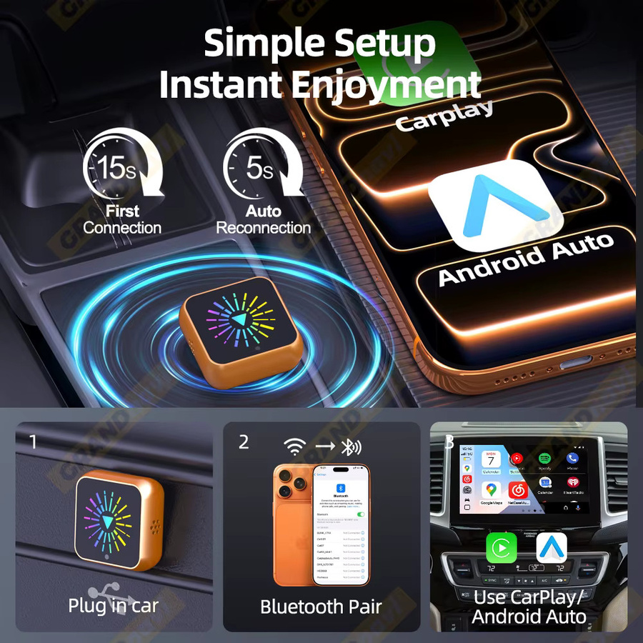Grandnavi 2in1 Wireless CarPlay und Android Auto AI Smart Box Dongle in Orange für Audi, Toyota, Mazda, Nissan, Kia, Ford, Opel und Skoda - Bild 6