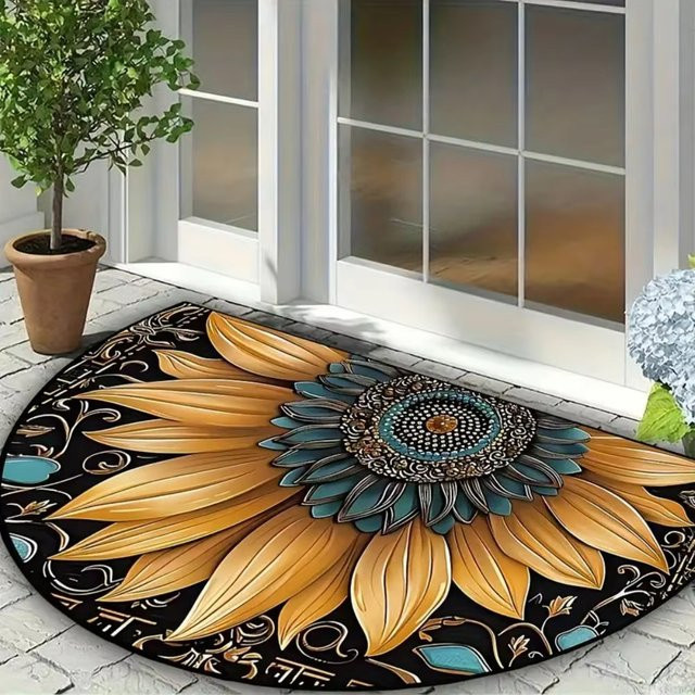 VIKAMA Halbrunde Bodenmatte im Retro-Stil, mehrfarbige Grafik-Unterlage aus Polyester, B: 60,0 cm, T: 40,0 cm, H: 1,0 cm - Bild 1