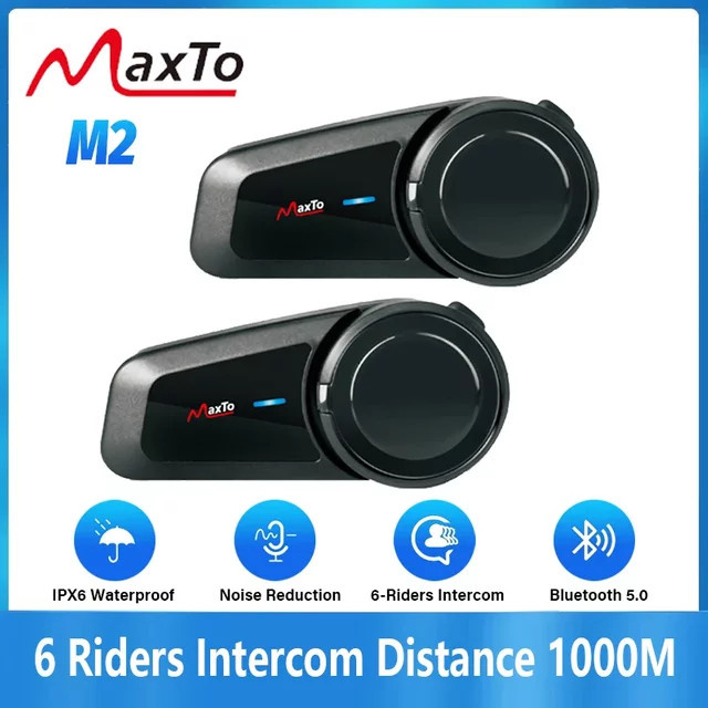 Maxto M2 Motorrad Helm Bluetooth Headset Intercom Set für 6 Fahrer mit 1000m Reichweite, FM und MP3, Wasserdicht IP67, Schwarz - Bild 1