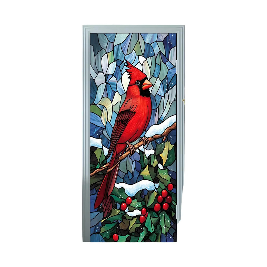 Selbstklebender weihnachtlicher Türaufkleber aus Vinyl im farbigen Glasstil mit rotem Bischof-Vogelmuster - Bild 5