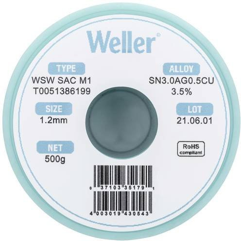 Weller Lötzinn Sn3,0Ag0,5Cu bleifrei Spule 500g 1,20mm weiß - Bild 1