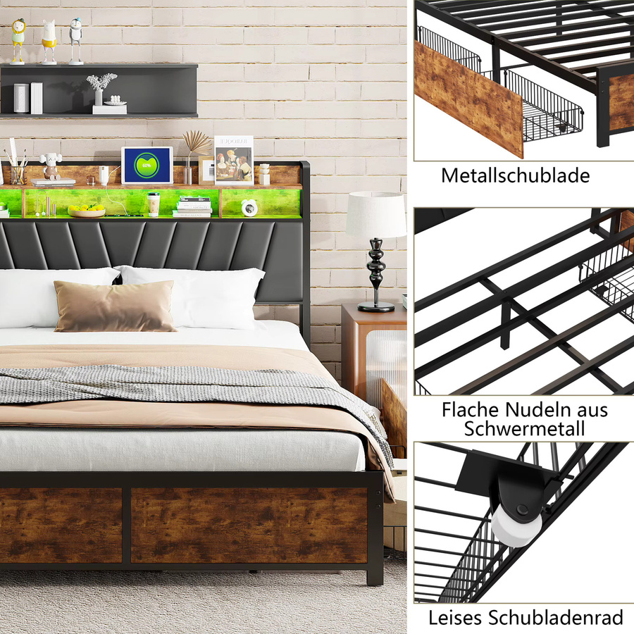 Polsterbett Doppelbett mit LED-Beleuchtung und 4 Schubladen in Schwarz, B/T: 180 x 200 cm - Bild 5