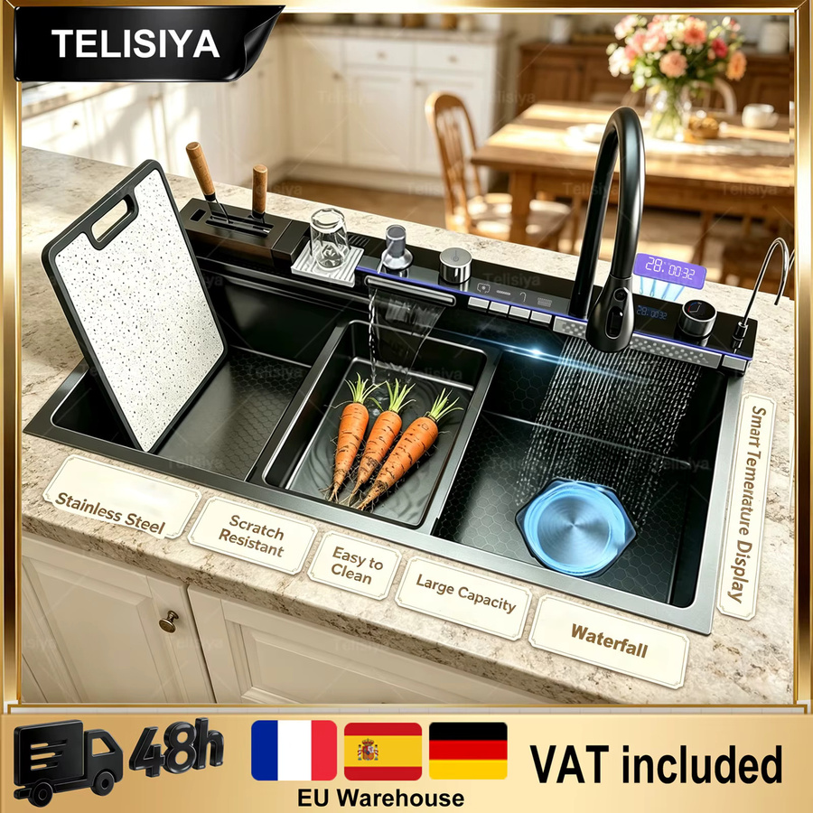 TELISIYA Edelstahl-Küchenspüle in Silber mit großem Einzelbecken, digitaler Anzeige und Wasserfall-Wasserhahn für Warm- und Kaltwasser - Bild 3