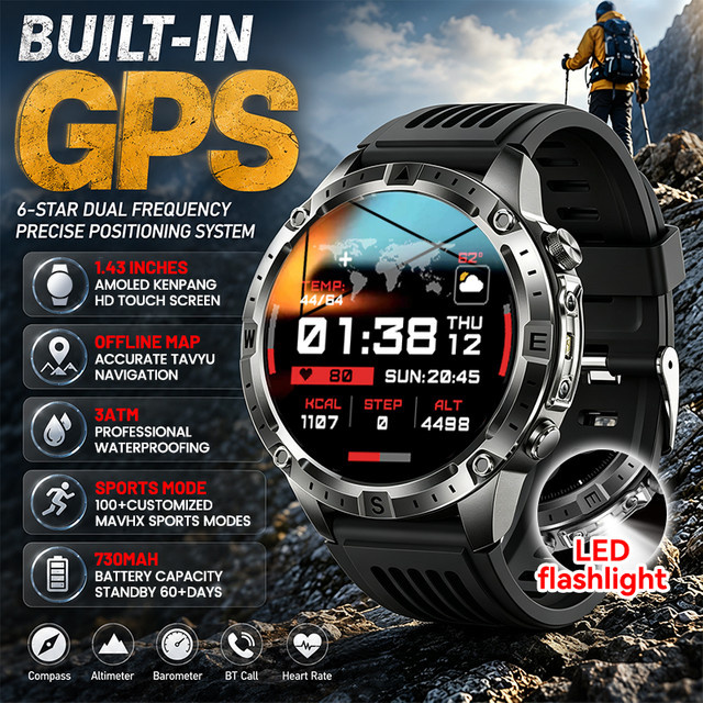 GUHUAVMI Smartwatch mit GPS Offline-Kartennavigation, Bluetooth-Anruf, Kompass, Höhenmesser, Barometer und LED-Taschenlampe, 3ATM Wasserdicht, Schwarz - Bild 1