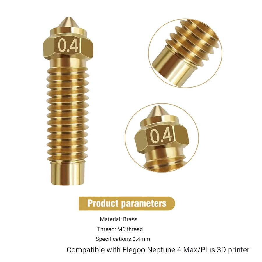 Elegoo 10-teiliges Messingdüsen-Set für Elegoo Neptune 4 Plus und Neptune 4 mit 0,4mm Durchmesser in Gold - Bild 2