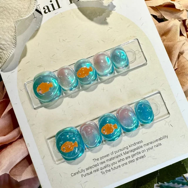 Op Nails Künstliche Nägel, Blau, Fischmuster, Glänzend, 10 Stück - Bild 1