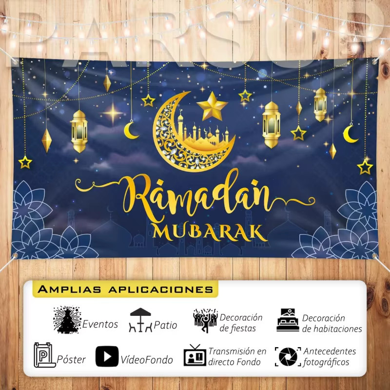 VIKAMA Ramadan Kareem Banner Blau mit Mond-Motiv als orientalische Dekoration und Fotokulisse - Bild 3