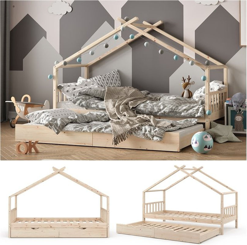 VITALISPA Kinderbett Design Hausbett aus Massivholz in Natur mit Schublade und Lattenrost, B/T/H: 90 x 200 cm - Bild 2