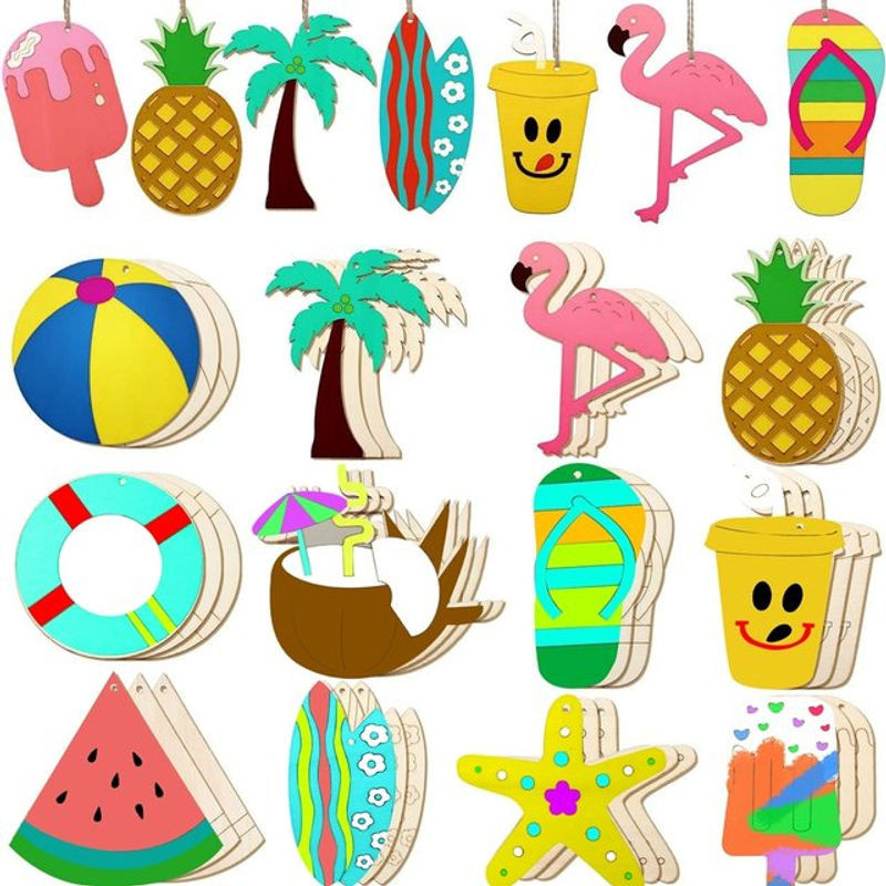 12er Set Holz Flamingo Kokosnuss Ornamente als DIY Malset für Kinder zur Dekoration von Sommerfesten und Poolpartys, mehrfarbig mit Aufhängung - Bild 1