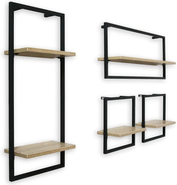 4er Set Wandregal DELUKE in Schwarz mit Metallrahmen aus MDF für Wohnzimmer, Schlafzimmer, Küche oder Büro - Bild 1
