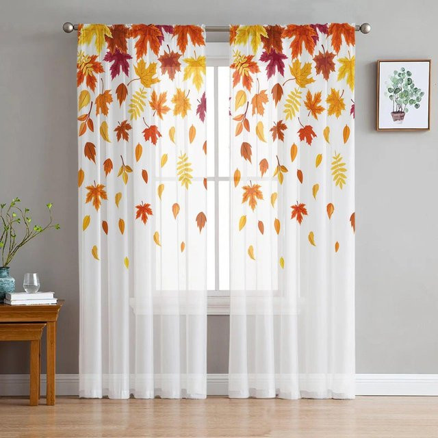 A Family Of Home Textiles Transparentes Tüll-Vorhang mit Ahornblatt-Design für Thanksgiving, Farbe: Weiß, Breite: 135 cm, Höhe: 274 cm, 2er-Set - Bild 1