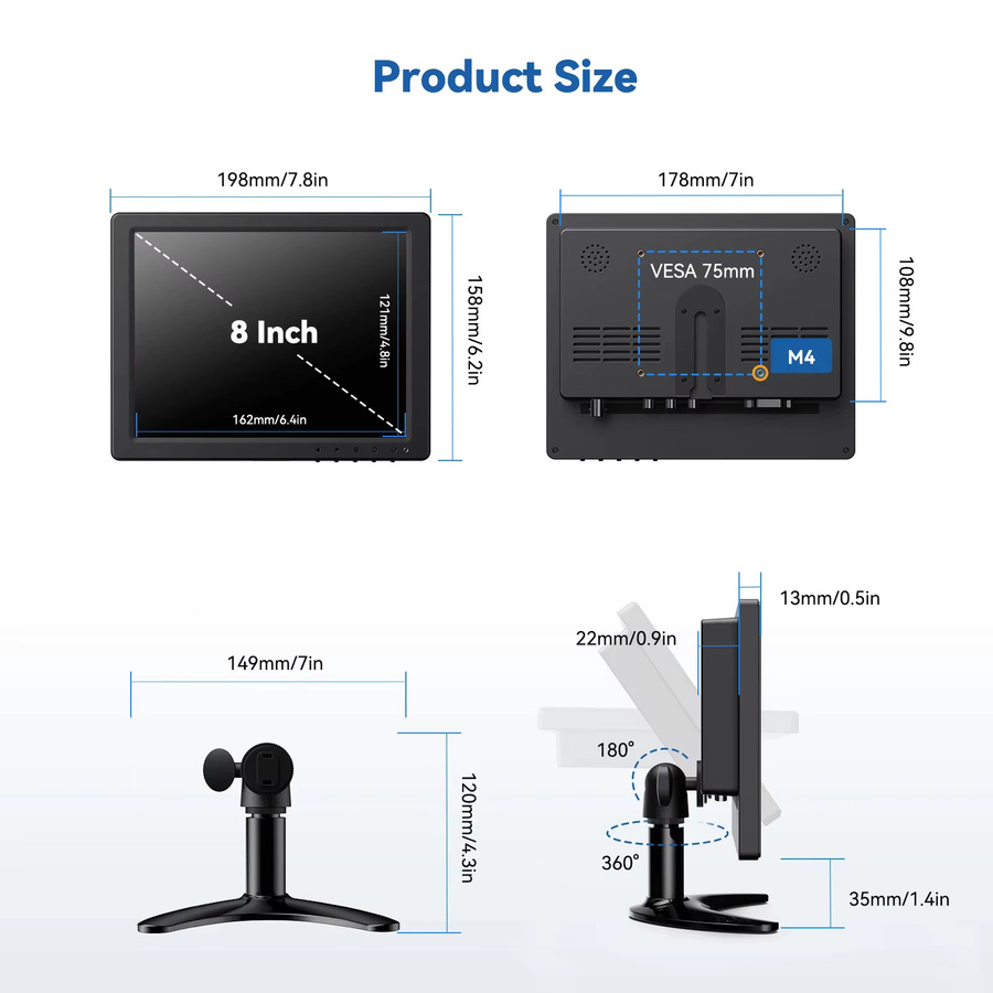 Eyoyo 8 Zoll LCD-Monitor mit IPS-Display, 1024x768 Auflösung, HDMI VGA AV BNC Eingang, Schwarz - Bild 6