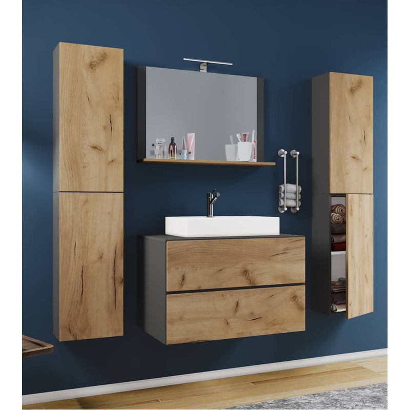 VCM Badmöbel Set Lendas XL 5-tlg. Waschplatz mit Keramik-Waschtisch und Spiegel in Weiss Anthrazit Eiche, B/T/H: 80 x 52 x 52 cm - Bild 2