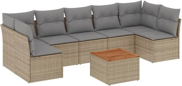 vidaXL 8-teilige Garten-Sofagarnitur in L-Form aus beige farbenem PE-Rattan mit Sitzkissen und Gartentisch - Bild 1