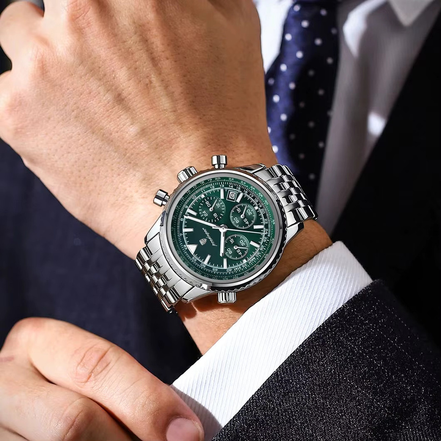 POEDAGAR Armbanduhr Chronograph, Quarz, Edelstahl, Grün, Herren - Bild 5