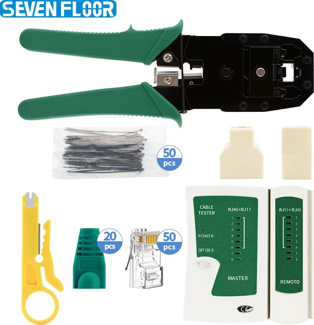 RJ45 Crimpwerkzeug-Set für Ethernet LAN Kabel mit 50 Stück Cat5 Steckern, Abisolierzange, Splitter, Kupplung, Kabelbindern und Schutzkappen in Grün von Seven Floor - Bild 1