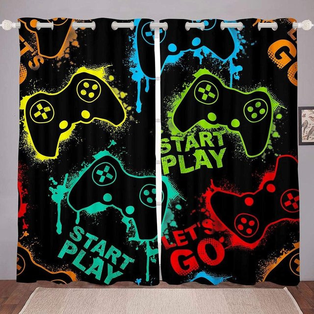 Gamer Vorhänge mit Gamepad Controller Druckmuster von A Family Of Home Textiles, Blau, 2 Paneele, Breite: 50 cm, Höhe: 130 cm - Bild 1
