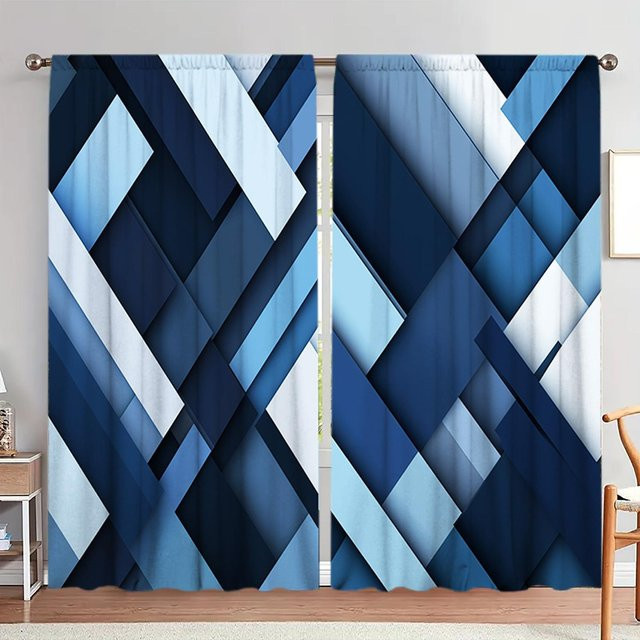 2er-Set Blaue Vorhänge mit geometrischem Print von Household supplies MH, halbtransparent, B: 132 cm, H: 160 cm - Bild 1