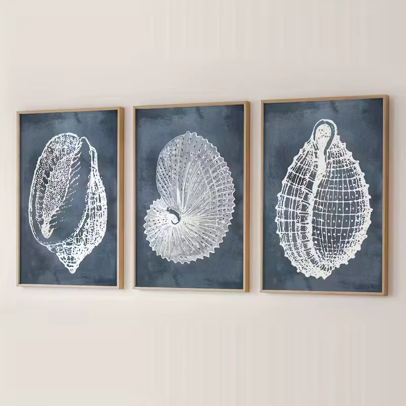 HQYSZZ 3-teiliges Leinwand-Wandkunst-Set mit blauem nautischem Muschel-Motiv für deine maritime Dekoration - Bild 4